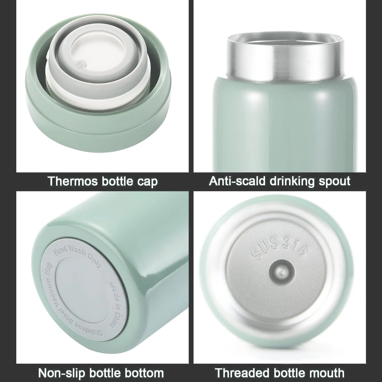 10oz Mini Water Bottle Stainless Steel Thermos Small Flask - Insulated Vacuum, Leak Proof, Keeps Drinks Hot/Cold - Ideal for Coffee, Tea, Water - Light green
