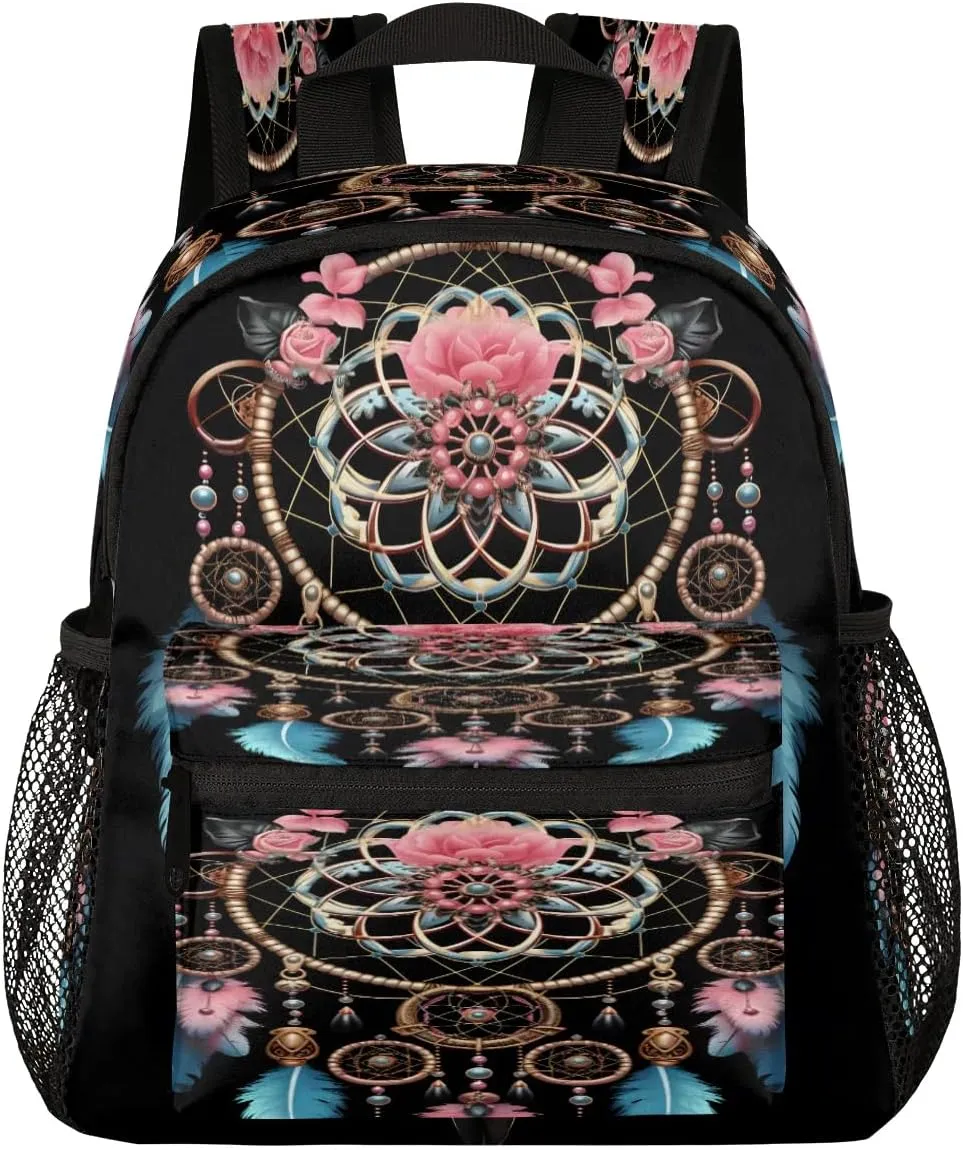 12 Inch Cute Mini Book Bag Small Backpack Multi Compartment Backpack With Chest Strap Ethnic Design Waterproof Casual Daypack Travel Bag, Gypsy Dream Catcher