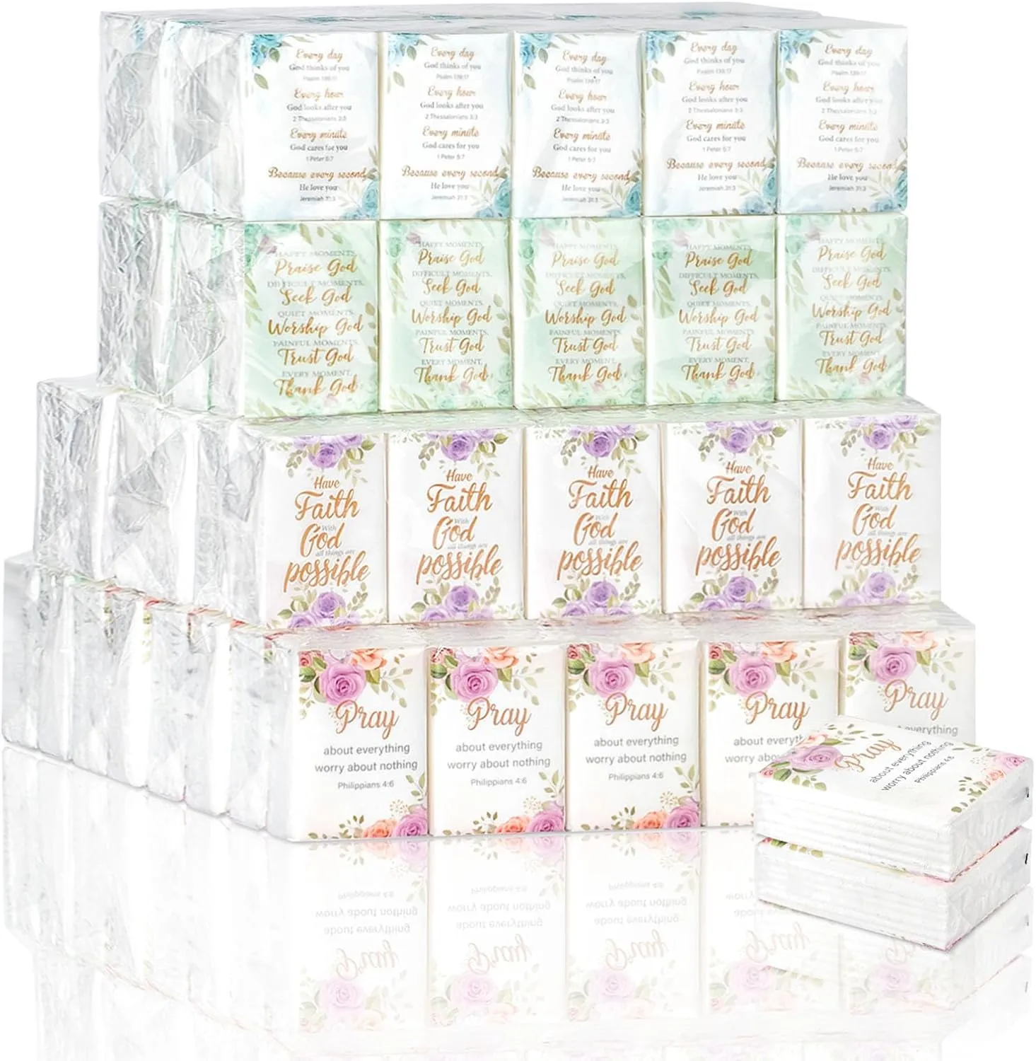 120 Pack Bible Theme Facial Tissues Individual Pack Bulk Christian Pocket Size Travel Kleenex with Floral Pattern for Holiday Graduation Ceremony Wedding Church Supplies 3 Ply