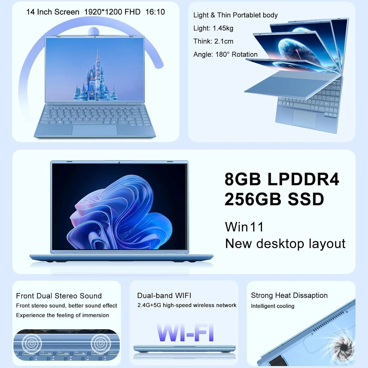 14" Laptop 8GB DDR4 256GB SSD Celeron N5095 (Up to 2.9Ghz) 4-Core with Cooling Fan 1920 * 1200 2K FHD Screen Dual WiFi Support 1TB SSD Expand for Business Study-Blue
