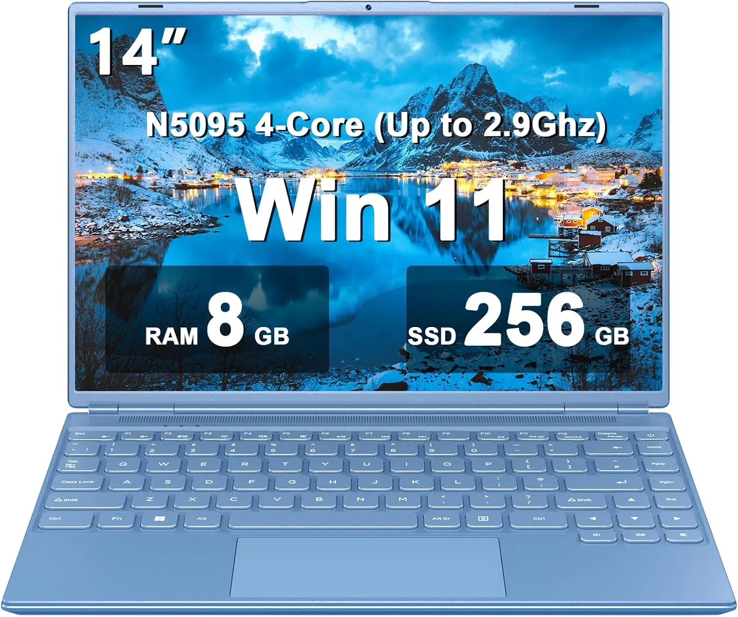14" Laptop 8GB DDR4 256GB SSD Celeron N5095 (Up to 2.9Ghz) 4-Core with Cooling Fan 1920 * 1200 2K FHD Screen Dual WiFi Support 1TB SSD Expand for Business Study-Blue