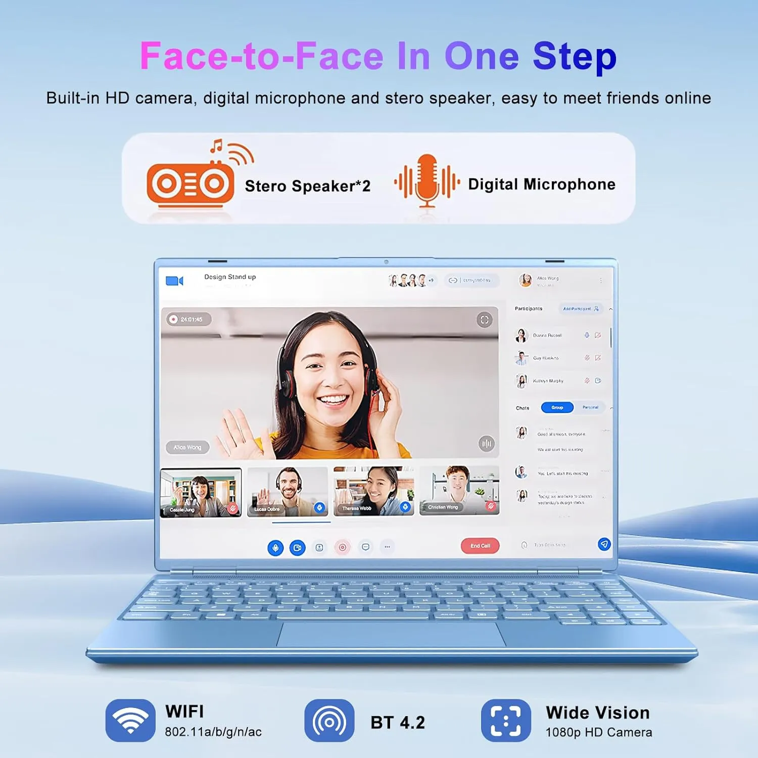 14" Laptop 8GB DDR4 256GB SSD Celeron N5095 (Up to 2.9Ghz) 4-Core with Cooling Fan 1920 * 1200 2K FHD Screen Dual WiFi Support 1TB SSD Expand for Business Study-Blue