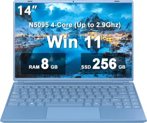 14" Laptop 8GB DDR4 256GB SSD Celeron N5095 (Up to 2.9Ghz) 4-Core with Cooling Fan 1920 * 1200 2K FHD Screen Dual WiFi Support 1TB SSD Expand for Business Study-Blue