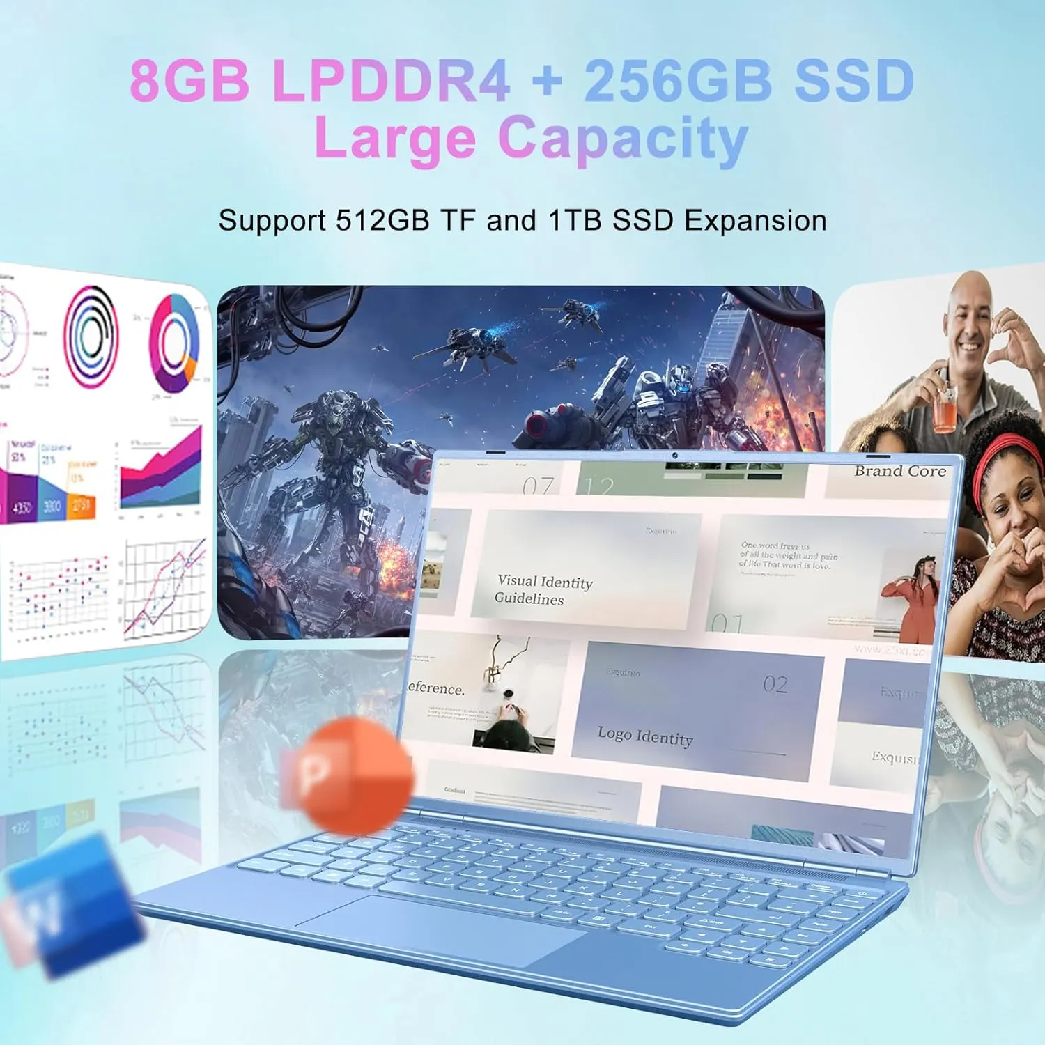 14" Laptop 8GB DDR4 256GB SSD Celeron N5095 (Up to 2.9Ghz) 4-Core with Cooling Fan 1920 * 1200 2K FHD Screen Dual WiFi Support 1TB SSD Expand for Business Study-Blue