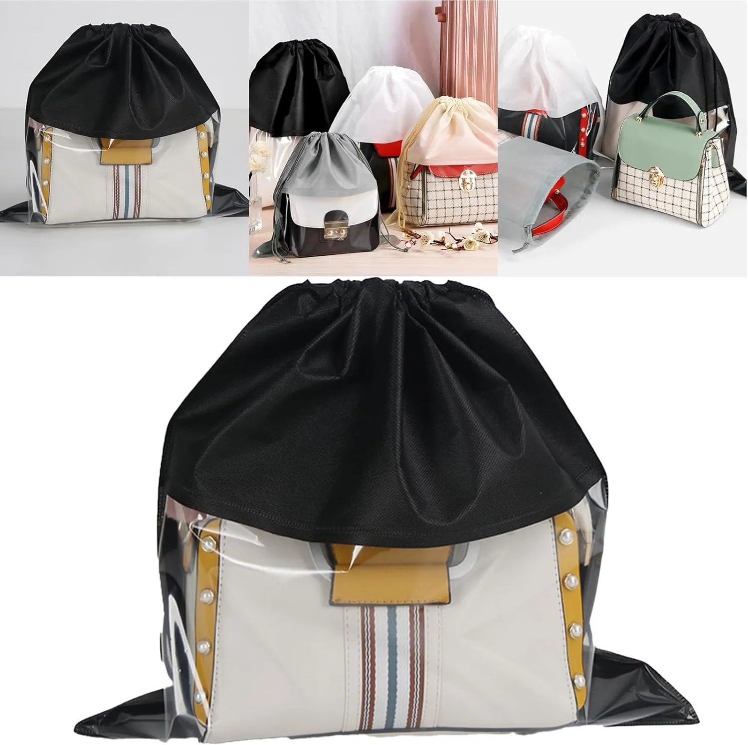 15 Packs Dust Bags for Black Handbags, Clear Black Handbag and Purse Storage Organizer, 18"x18" / 45x45 cm Non-Woven Drawstring Cover with Window
