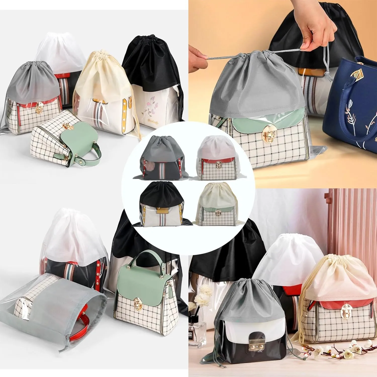 15 Packs Dust Bags for Black Handbags, Clear Black Handbag and Purse Storage Organizer, 18"x18" / 45x45 cm Non-Woven Drawstring Cover with Window