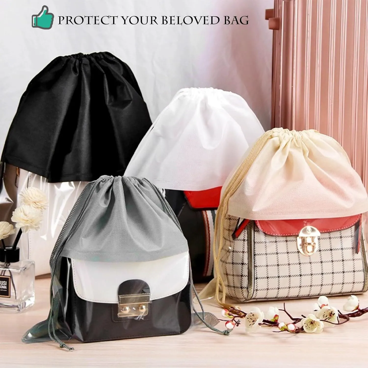 15 Packs Dust Bags for Black Handbags, Clear Black Handbag and Purse Storage Organizer, 18"x18" / 45x45 cm Non-Woven Drawstring Cover with Window