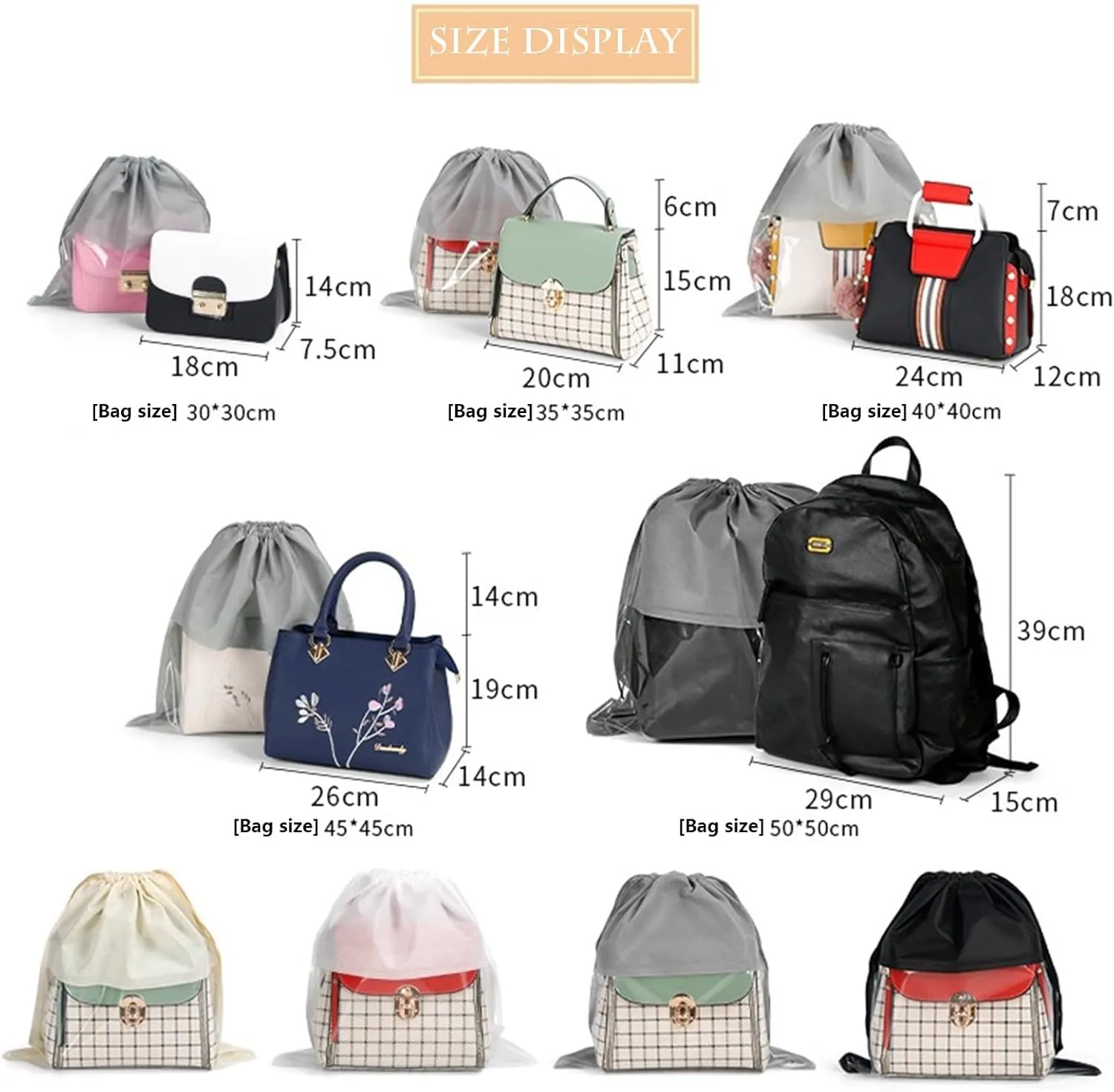 15 Packs Dust Bags for Black Handbags, Clear Black Handbag and Purse Storage Organizer, 18"x18" / 45x45 cm Non-Woven Drawstring Cover with Window