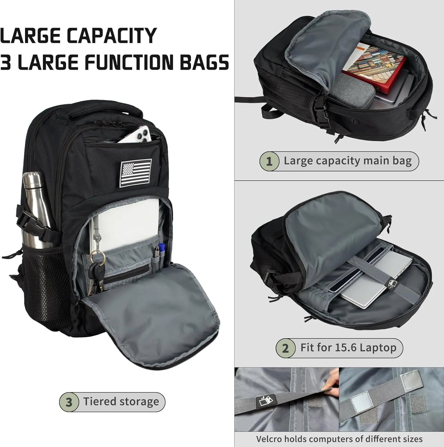 15'' Travel Laptop Backpack for Men, 25L Tactical College Backpacks with Water Pouches Both Sides, Portable Backpack for Men Women Business Work Bag Fight Approved, Small Black Backpack