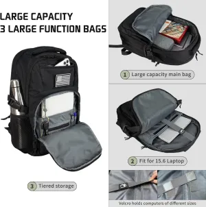 15'' Travel Laptop Backpack for Men, 25L Tactical College Backpacks with Water Pouches Both Sides, Portable Backpack for Men Women Business Work Bag Fight Approved, Small Black Backpack