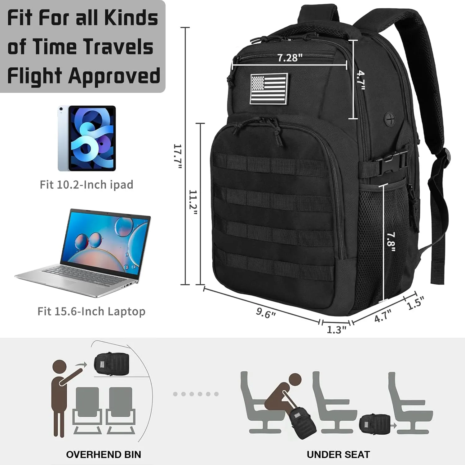 15'' Travel Laptop Backpack for Men, 25L Tactical College Backpacks with Water Pouches Both Sides, Portable Backpack for Men Women Business Work Bag Fight Approved, Small Black Backpack