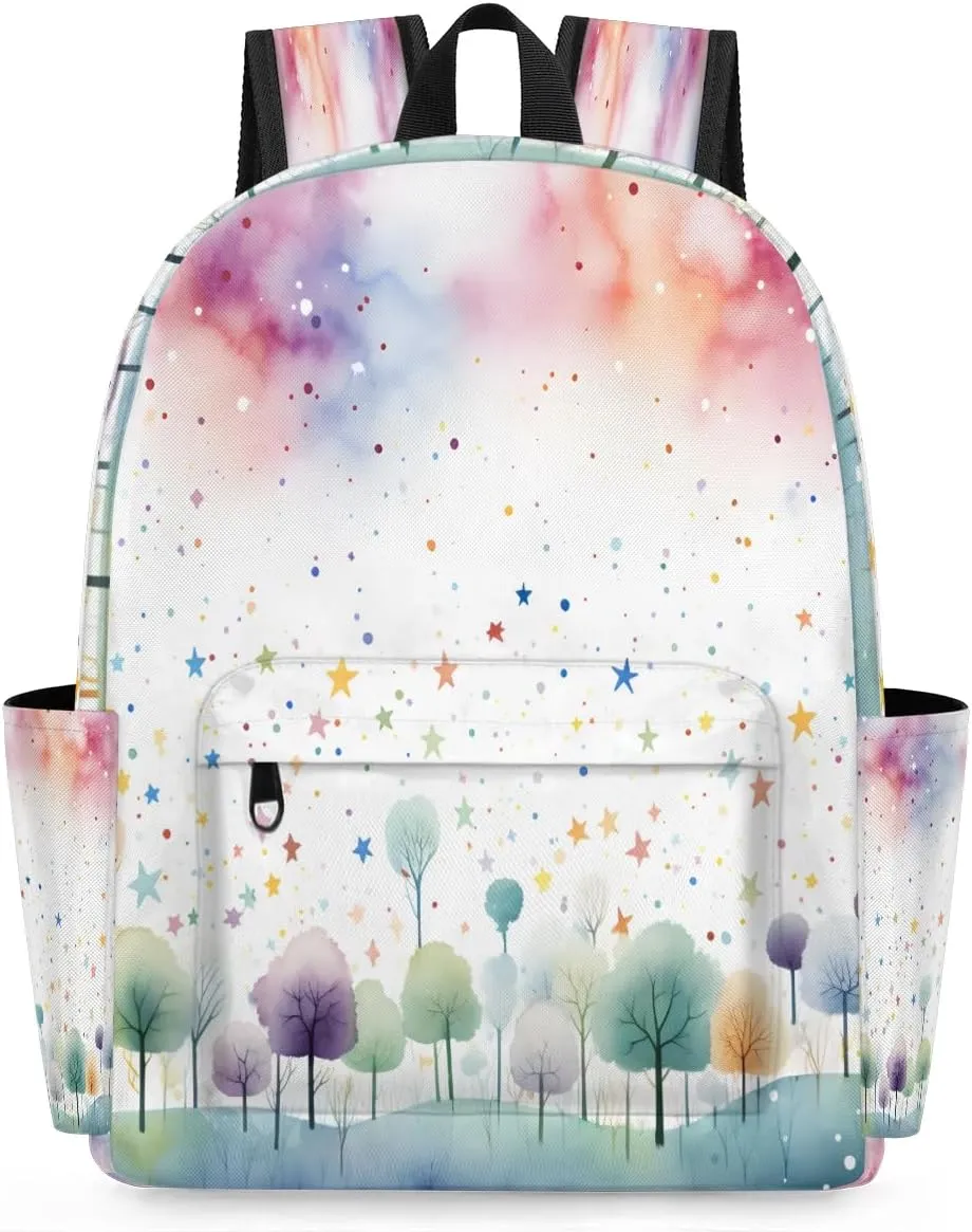 15.1 Inch Casual Backpack Colorful Tree Small Backpack with Multiple Pocket Waterproof Mini Bags Daypack with Chest Strap Landscape Travel Bag