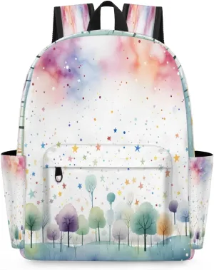 15.1 Inch Casual Backpack Colorful Tree Small Backpack with Multiple Pocket Waterproof Mini Bags Daypack with Chest Strap Landscape Travel Bag