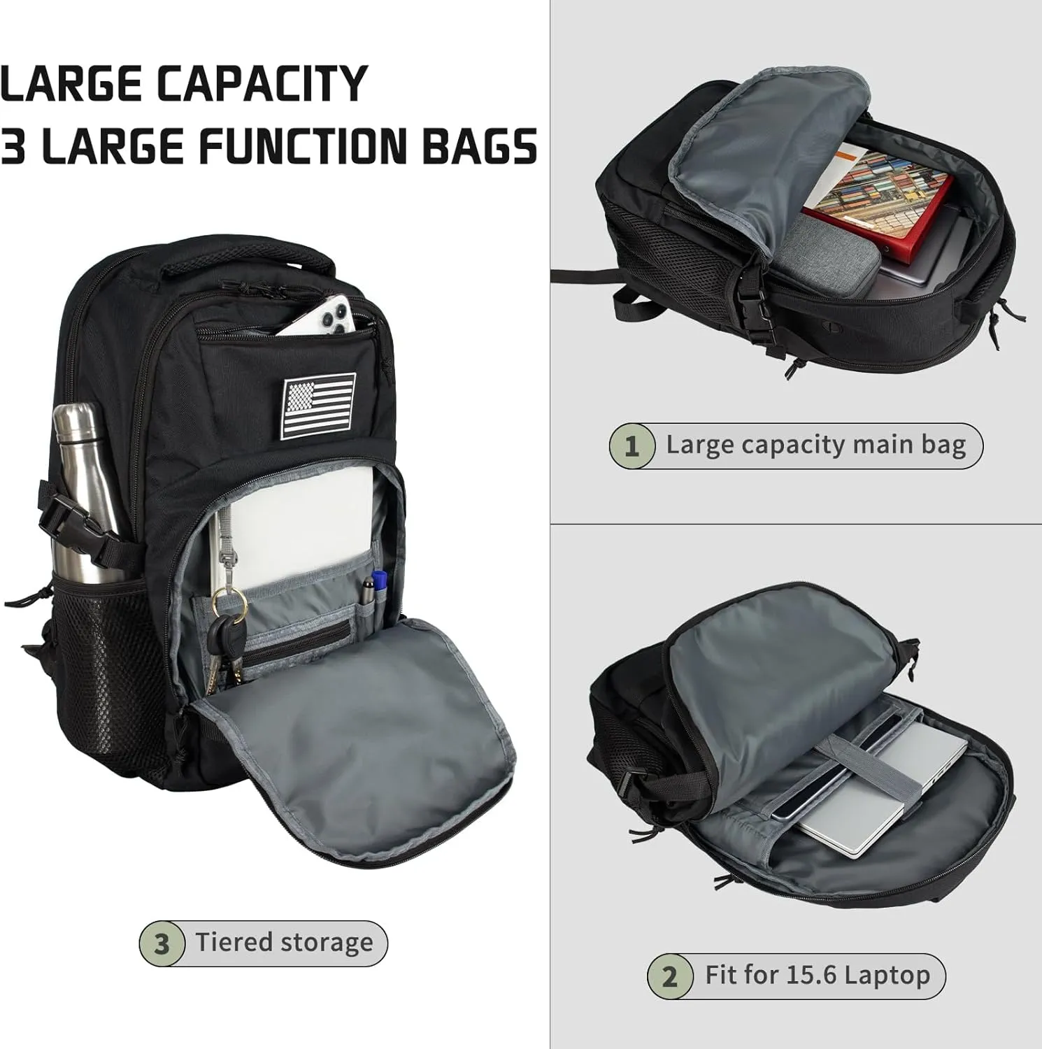 15.6'' Travel Laptop Backpack for Men, 30L Tactical College Backpacks with Water Pouches Both Sides, Portable Backpack for Men Women Business Work Bag Fight Approved, Black Backpack