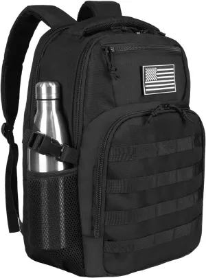 15.6'' Travel Laptop Backpack for Men, 30L Tactical College Backpacks with Water Pouches Both Sides, Portable Backpack for Men Women Business Work Bag Fight Approved, Black Backpack