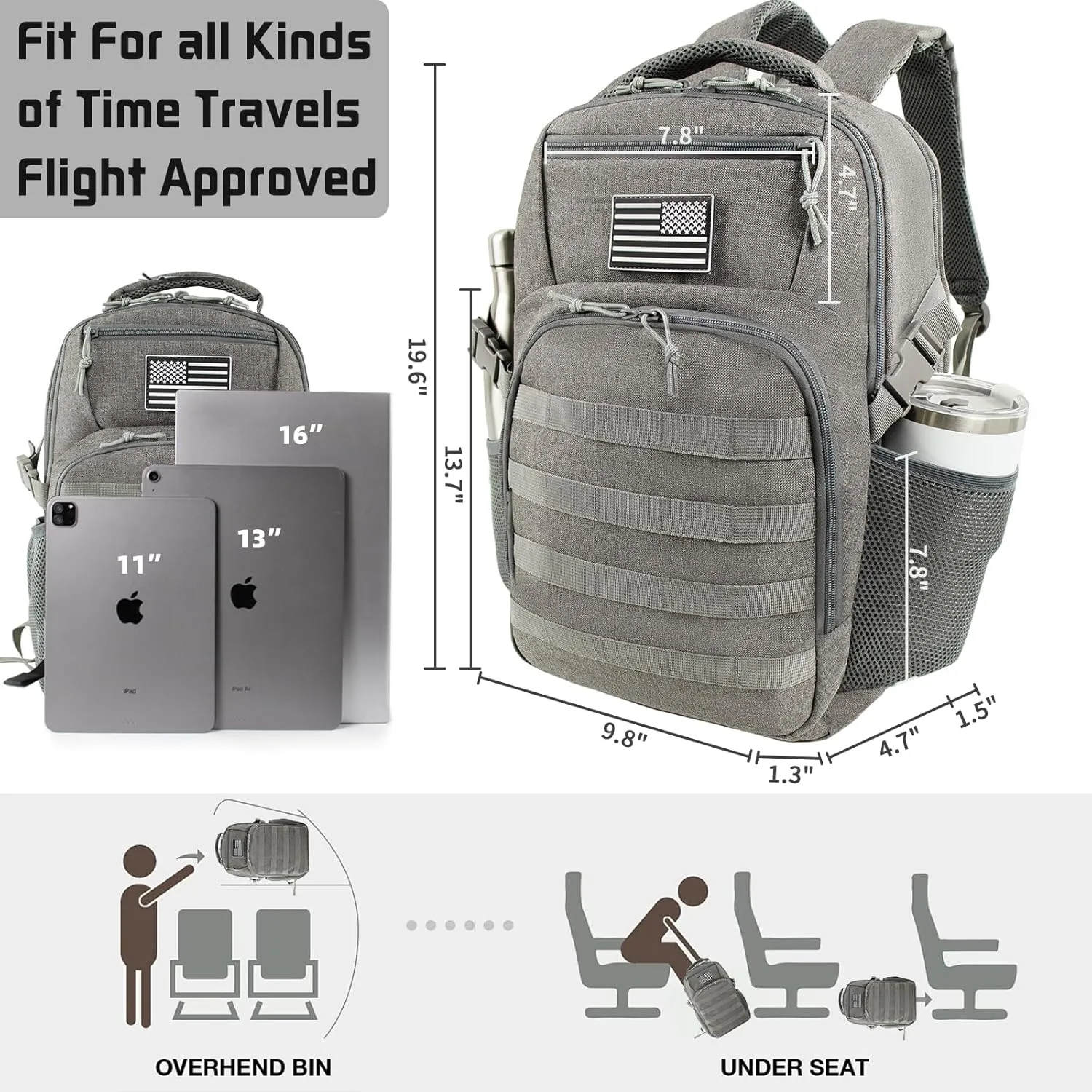 15.6'' Travel Laptop Backpack for Men, 30L Tactical College Backpacks with Water Pouches Both Sides, Portable Backpack for Men Women Business Work Bag Fight Approved - Grey Backpack