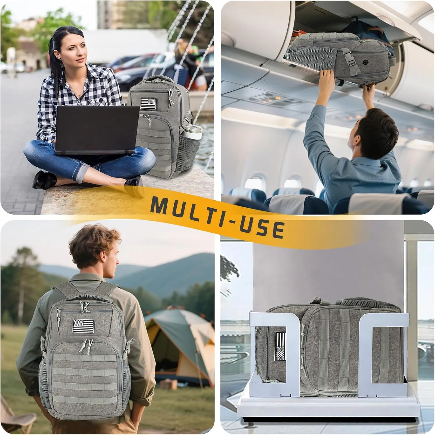 15.6'' Travel Laptop Backpack for Men, 30L Tactical College Backpacks with Water Pouches Both Sides, Portable Backpack for Men Women Business Work Bag Fight Approved - Grey Backpack