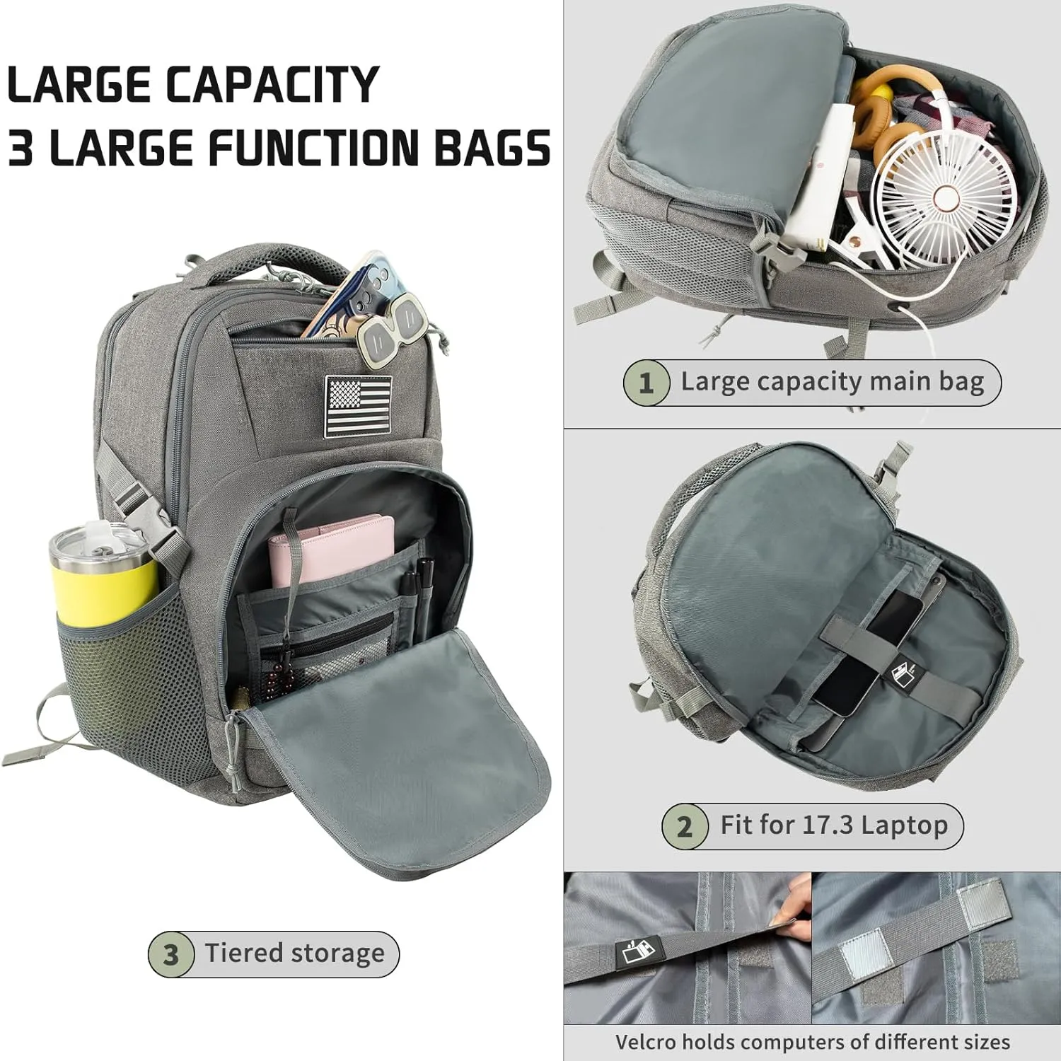 15.6'' Travel Laptop Backpack for Men, 30L Tactical College Backpacks with Water Pouches Both Sides, Portable Backpack for Men Women Business Work Bag Fight Approved - Grey Backpack