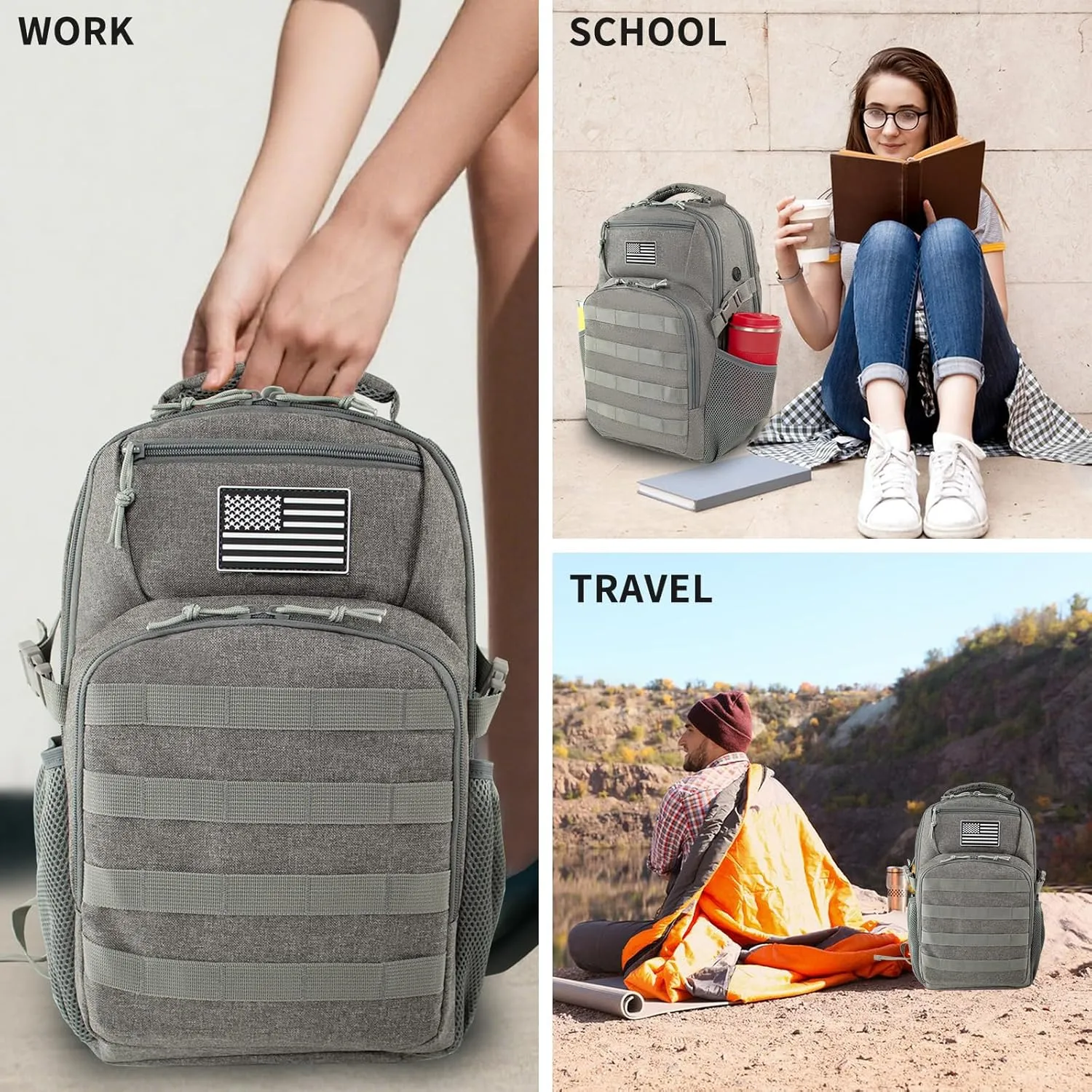 15.6'' Travel Laptop Backpack for Men, 30L Tactical College Backpacks with Water Pouches Both Sides, Portable Backpack for Men Women Business Work Bag Fight Approved - Grey Backpack