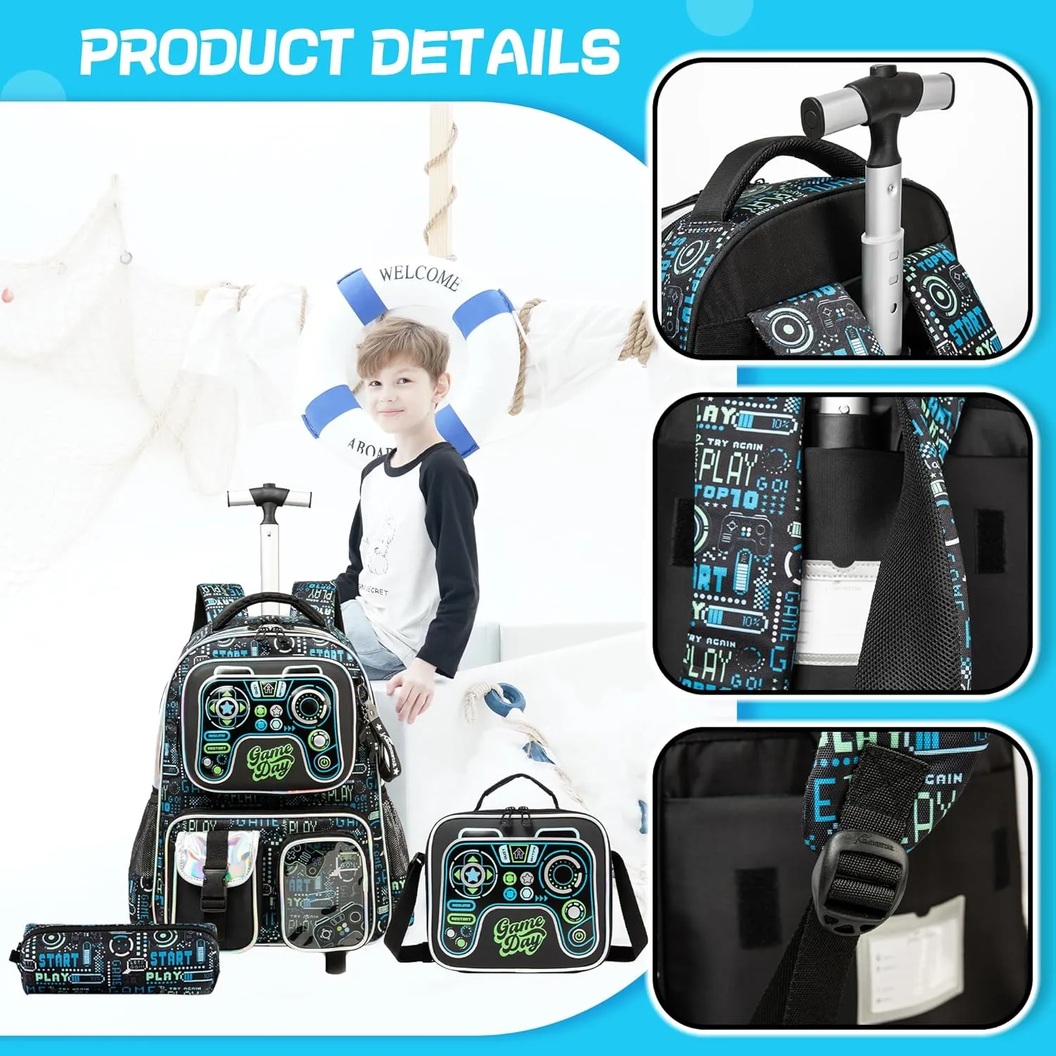 16inch Rolling Backpacks for Boys School Backpacks with Wheels for Elementary Preschool Students Kids Travel Luggage Suitase for Boys