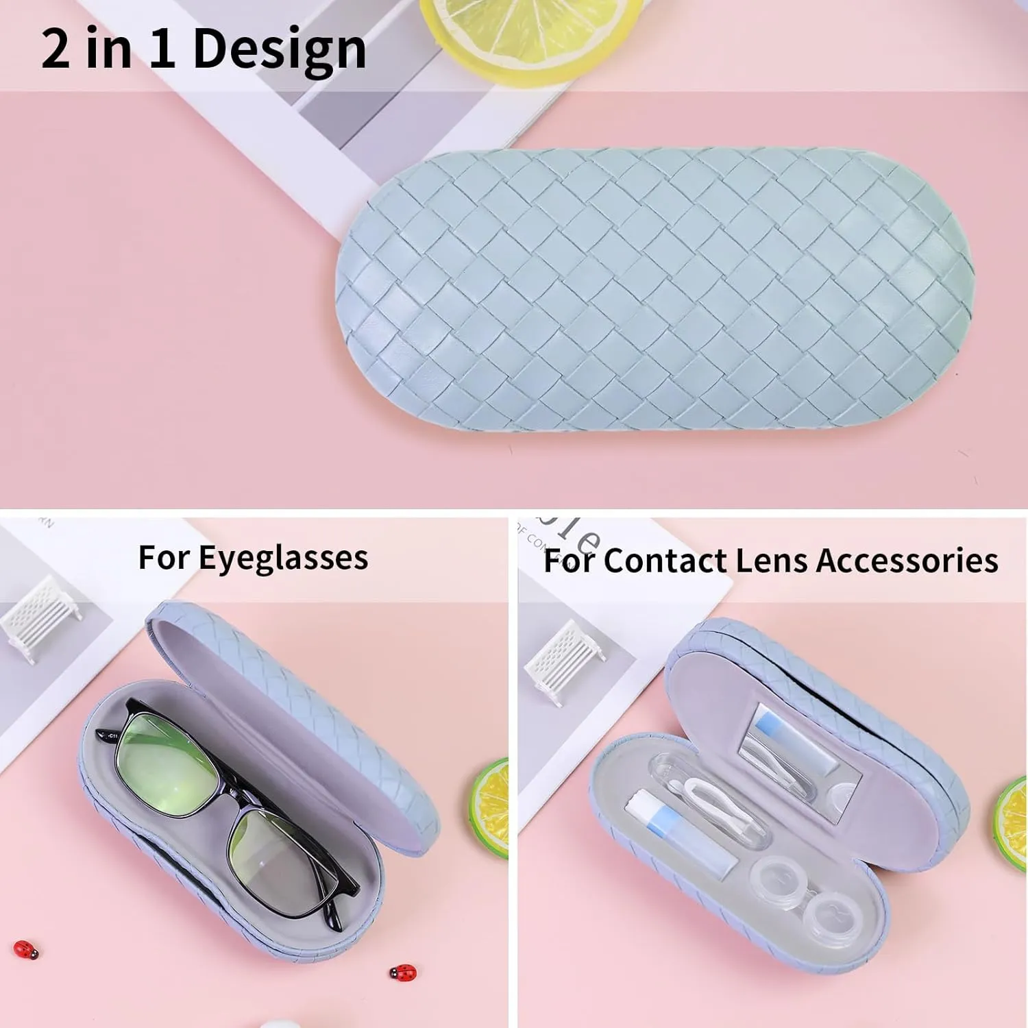 2 in 1 Contact Lens Case and Eyeglasses Case for Women Men Kids, Double Sided Hard Shell Portable Glasses Travel Holder with Built-in Mirror, Contact Lens Box Storage Kit, Blue