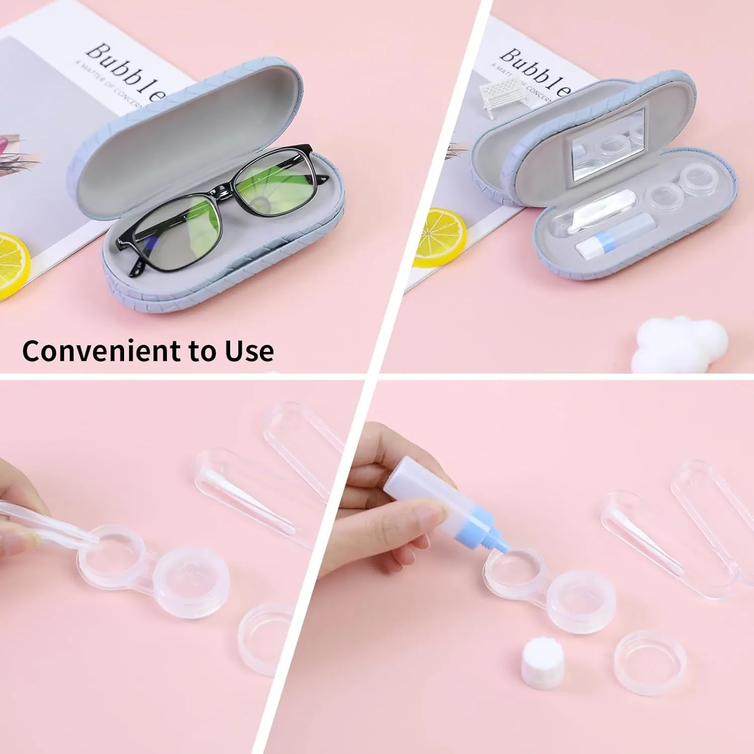 2 in 1 Contact Lens Case and Eyeglasses Case for Women Men Kids, Double Sided Hard Shell Portable Glasses Travel Holder with Built-in Mirror, Contact Lens Box Storage Kit, Blue