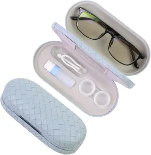 2 in 1 Contact Lens Case and Eyeglasses Case for Women Men Kids, Double Sided Hard Shell Portable Glasses Travel Holder with Built-in Mirror, Contact Lens Box Storage Kit, Blue
