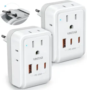 2 Pack European Travel Plug Adapter, VINTAR PD 35W Foldable Europe Power Adapter with 4 AC Outlets 3 USB Ports(2 USB C), Type C Adaptor for US to Most of Europe EU Italy Spain France Germany