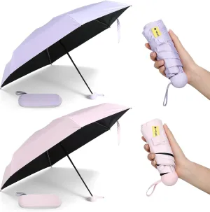2 Pcs Mini Umbrella for Purse with Case, Travel Small UV Protection Sun and Rain Umbrella Light Compact for Women, Girls