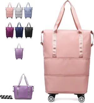 2025 New Travel Bag with Wheels,Expandable Foldable Duffle Bag, Large Capacity with Wheels,Universal Wheel Removable Duffle (Pink)