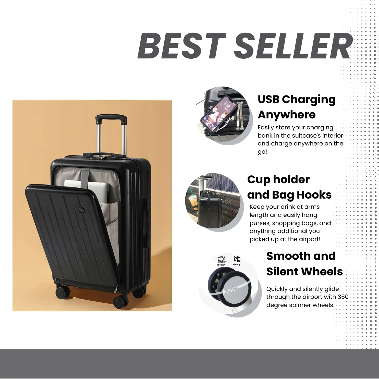 20" Carry On Suitcase, TSA Lock, Cup Holder, Purse Hook, 2 USB Ports, Laptop Pouch, Extra Long Handle Luggage (Gray)