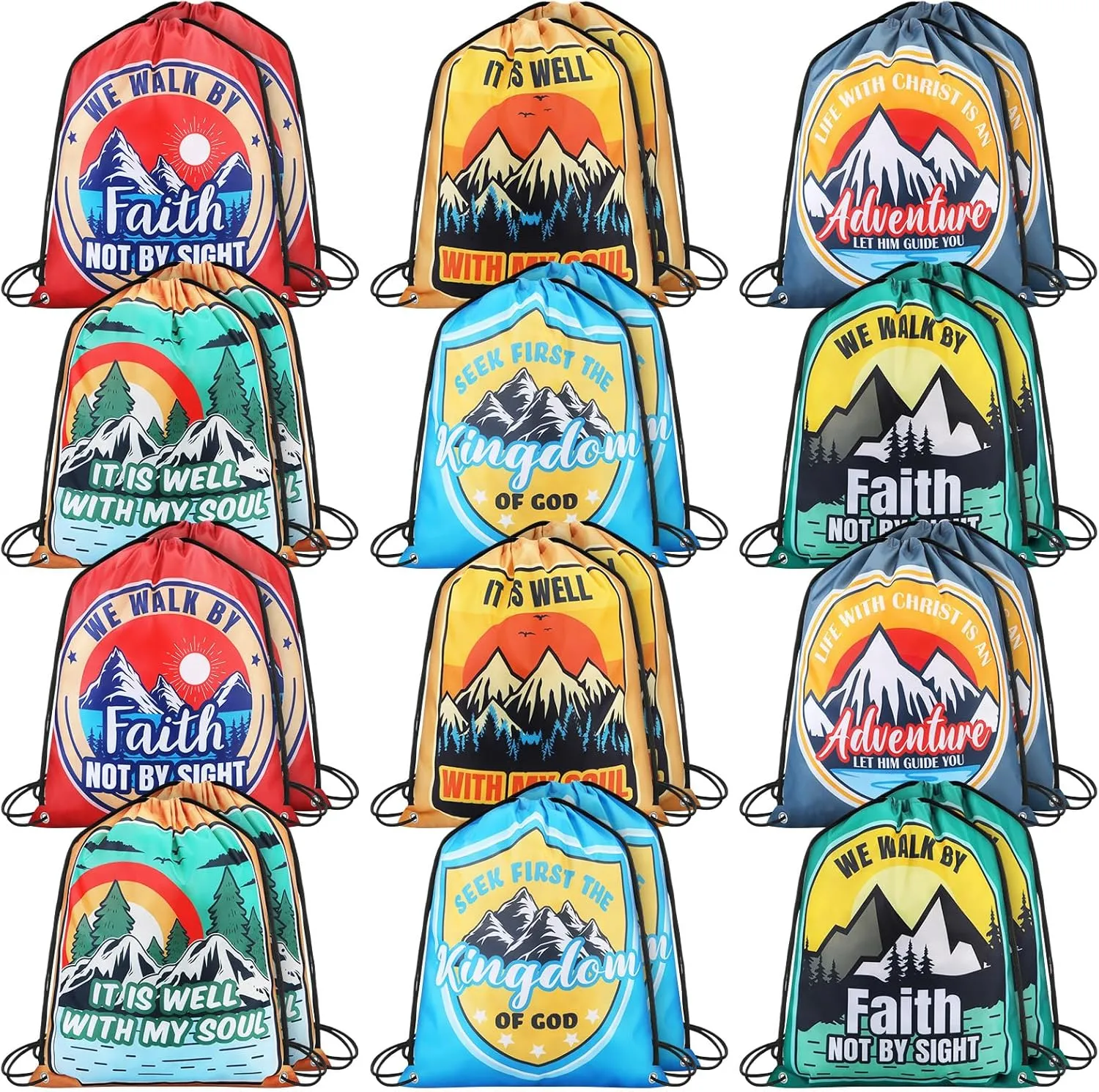 24 Pcs Christian Bags Religious Drawstring Bags Faith Adventure Drawstring Backpacks Bulk Large Religious Gifts for Sunday School Church Graduation Themed Party Favors