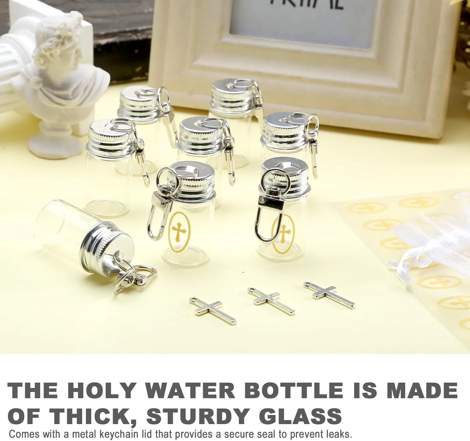 24 Pcs Holy Water Bottle Keychain with Catholic Christian Glass Watering Vial Cross and Sticker Holy Water Vial Set for Church Wedding Party Favors Gift Set Baptism Favors Communion Catholic