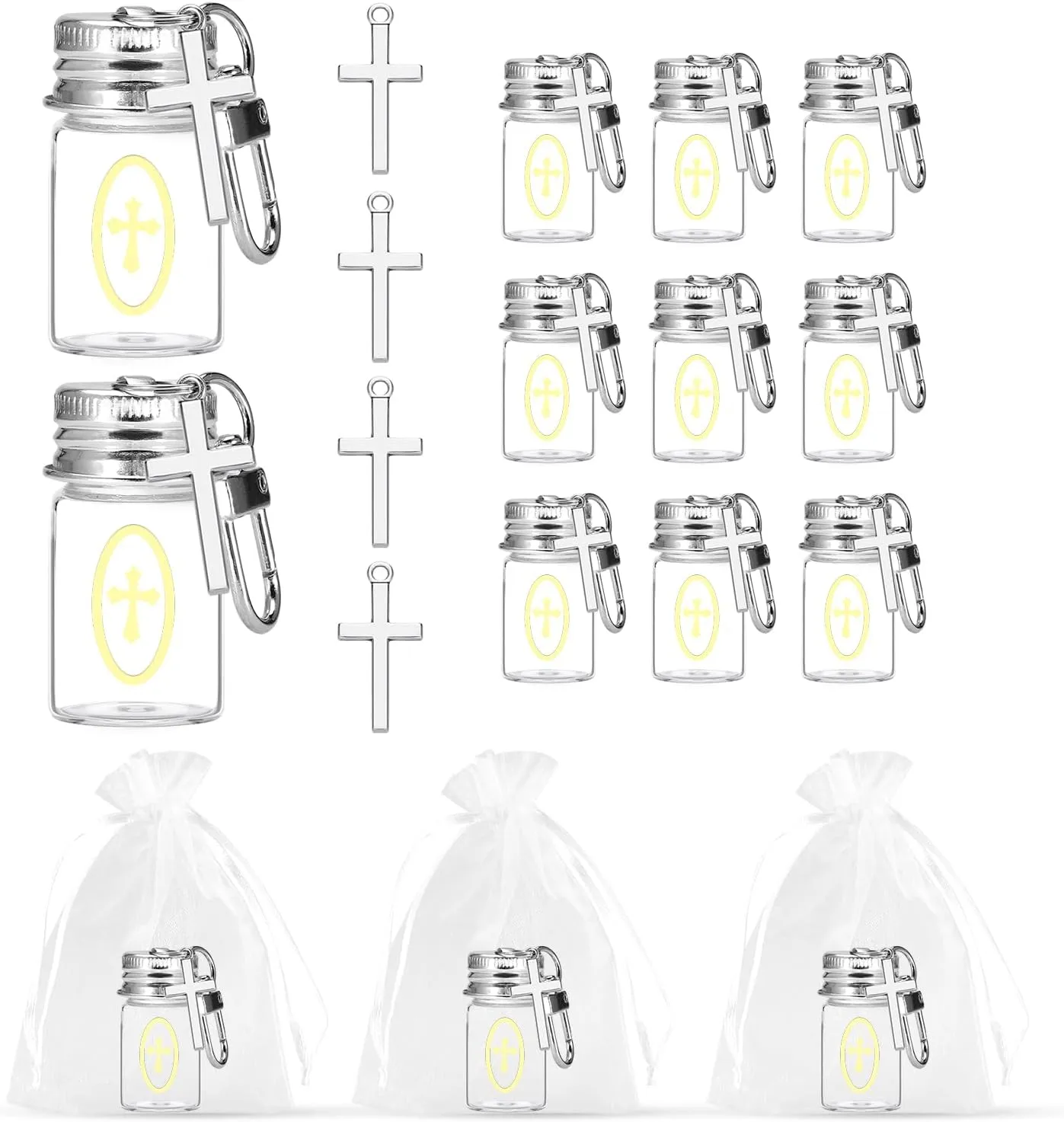 24 Pcs Holy Water Bottle Keychain with Catholic Christian Glass Watering Vial Cross and Sticker Holy Water Vial Set for Church Wedding Party Favors Gift Set Baptism Favors Communion Catholic
