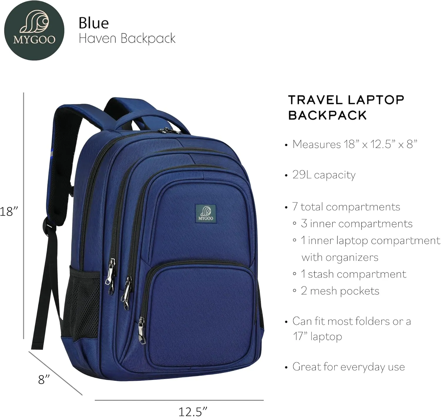 29L Large Premium Unisex Travel Laptop Backpack | Blue Carry On Backpacks for College Student, Teacher & Travellers | Perfect Computer Backpack with USB Charging Port, Work & Mochila de Viaje