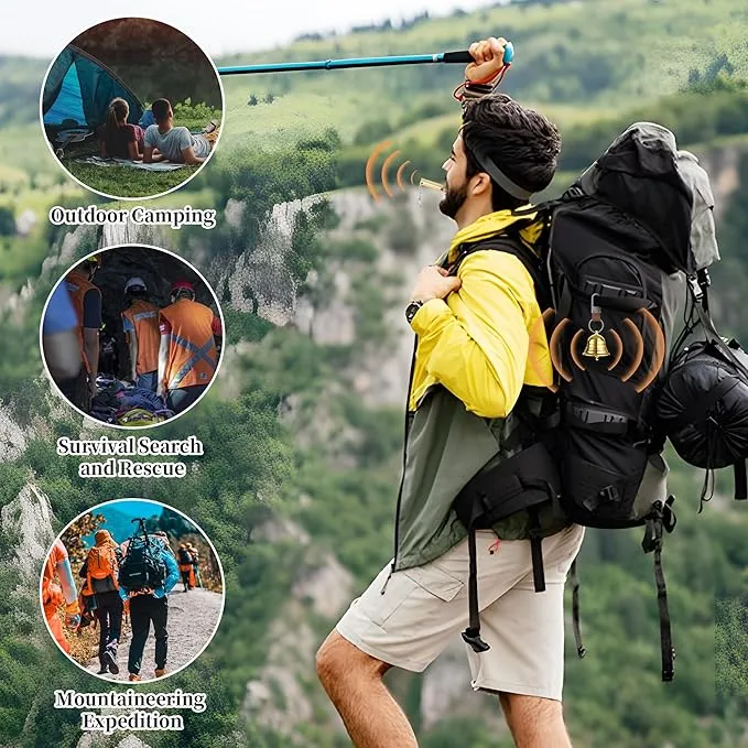 2" Loud Bear Bell with Whistle Set for Hikers,3 in 1 Camping Hiking Emergency Gear Solid Brass Bear Bell,Carabiner Emergency Whistle for Outdoor Survival Biking Fishing Climbing Hiking Gear