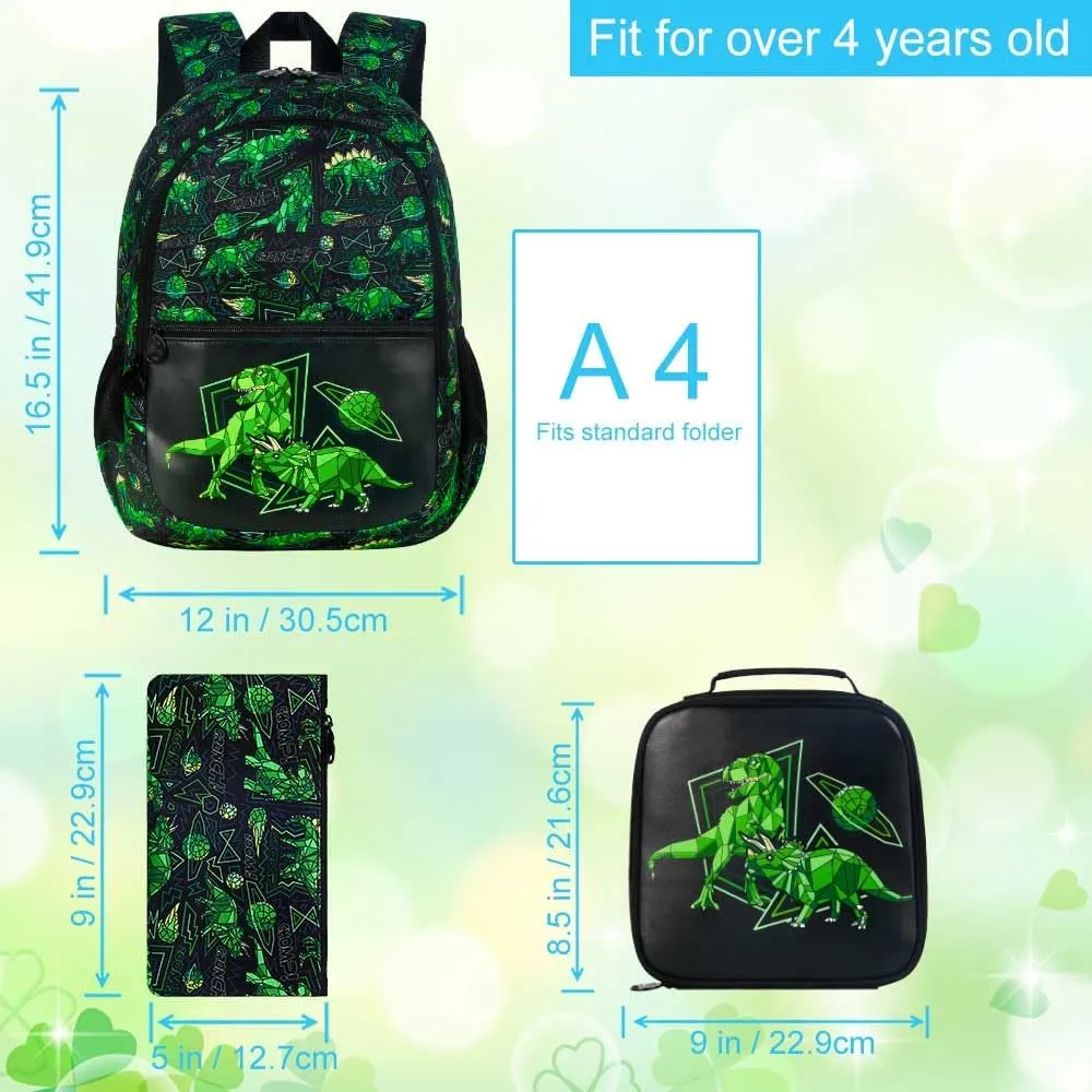 3Pcs Dinosaur Backpack for boys, 16.5 Kids Backpacks Set for Elementary Preschool Kindergarten, School Bookbag with Lunch Box(Black)