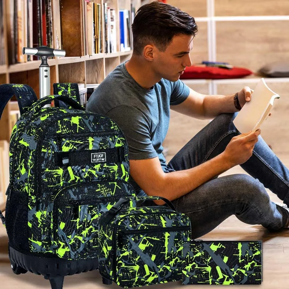 3Pcs Rolling Backpack for Boys Men, Travel Roller Backpacks with Wheels for Adults, Teens College Graffiti Wheeled Bookbag with Lunch Box(Green)