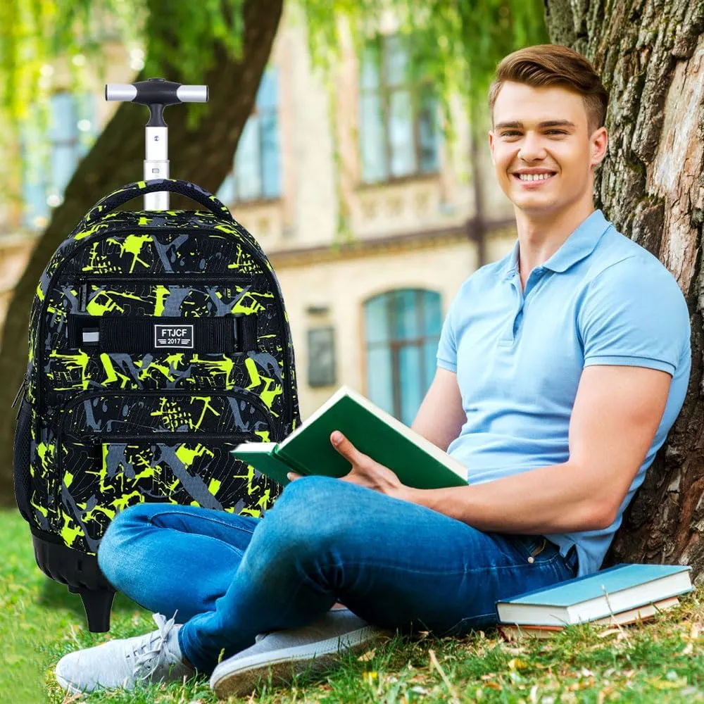 3Pcs Rolling Backpack for Boys Men, Travel Roller Backpacks with Wheels for Adults, Teens College Graffiti Wheeled Bookbag with Lunch Box(Green)