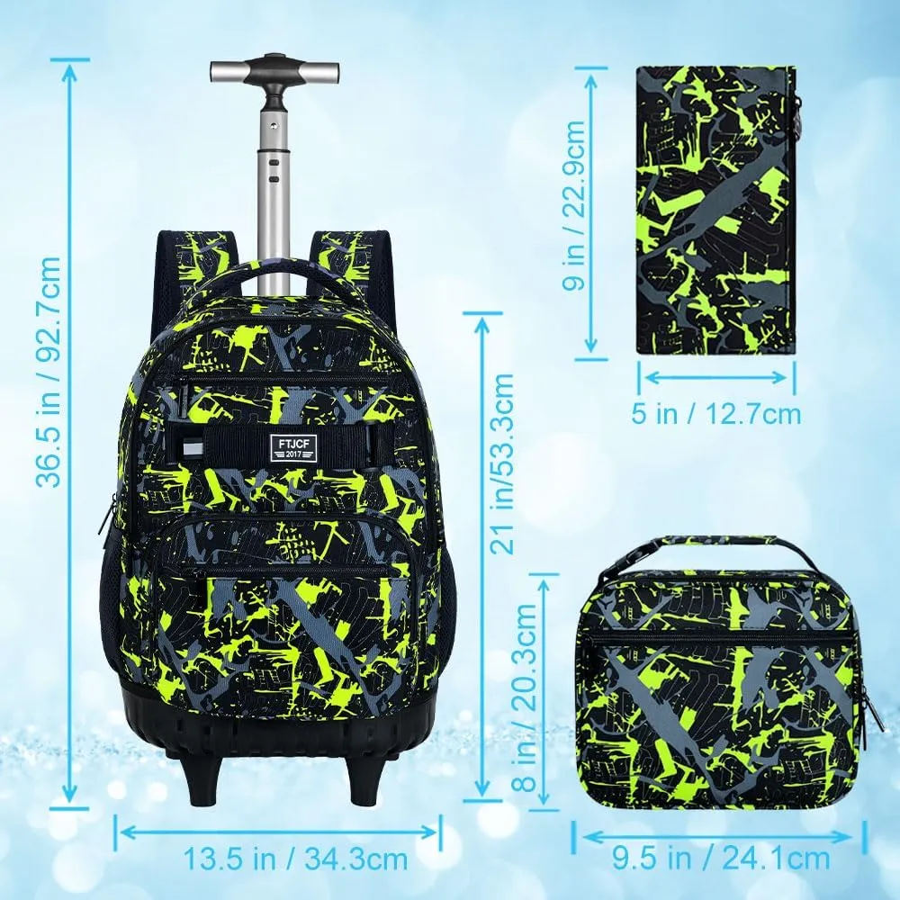 3Pcs Rolling Backpack for Boys Men, Travel Roller Backpacks with Wheels for Adults, Teens College Graffiti Wheeled Bookbag with Lunch Box(Green)