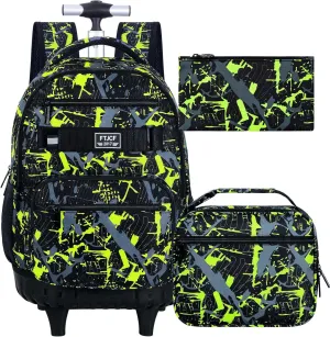 3Pcs Rolling Backpack for Boys Men, Travel Roller Backpacks with Wheels for Adults, Teens College Graffiti Wheeled Bookbag with Lunch Box(Green)