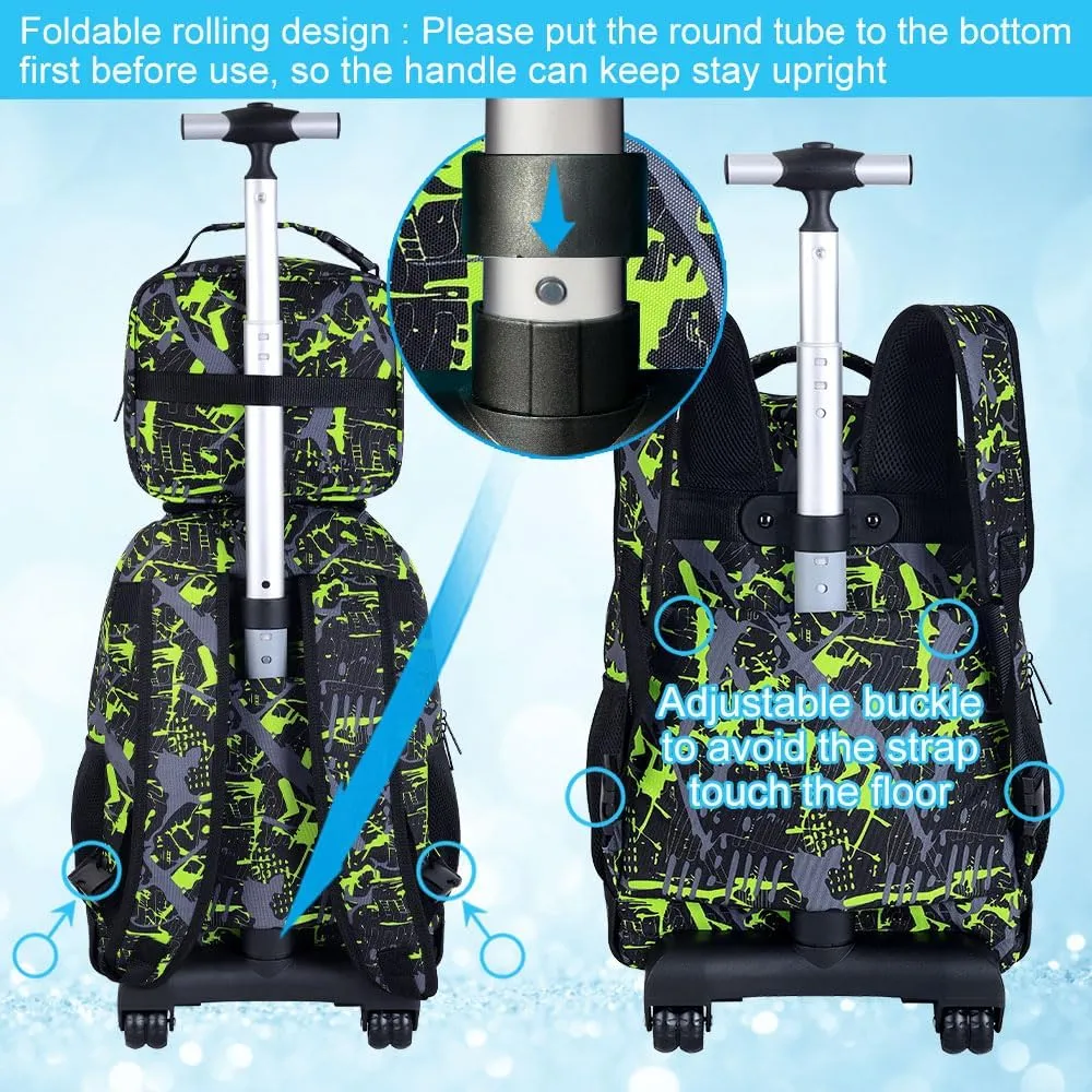 3Pcs Rolling Backpack for Boys Men, Travel Roller Backpacks with Wheels for Adults, Teens College Graffiti Wheeled Bookbag with Lunch Box(Green)