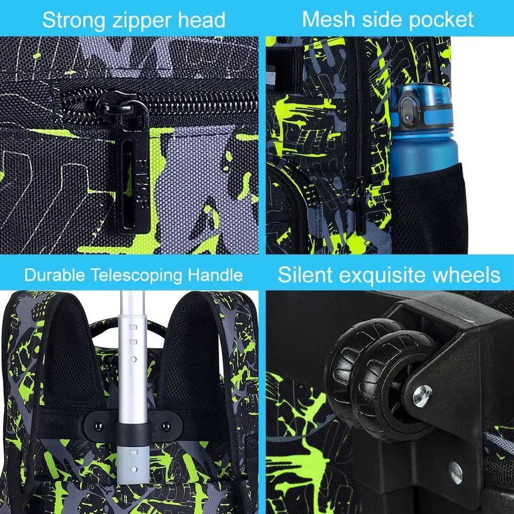 3Pcs Rolling Backpack for Boys Men, Travel Roller Backpacks with Wheels for Adults, Teens College Graffiti Wheeled Bookbag with Lunch Box(Green)