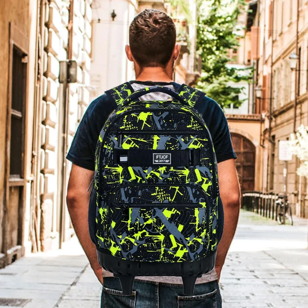 3Pcs Rolling Backpack for Boys Men, Travel Roller Backpacks with Wheels for Adults, Teens College Graffiti Wheeled Bookbag with Lunch Box(Green)