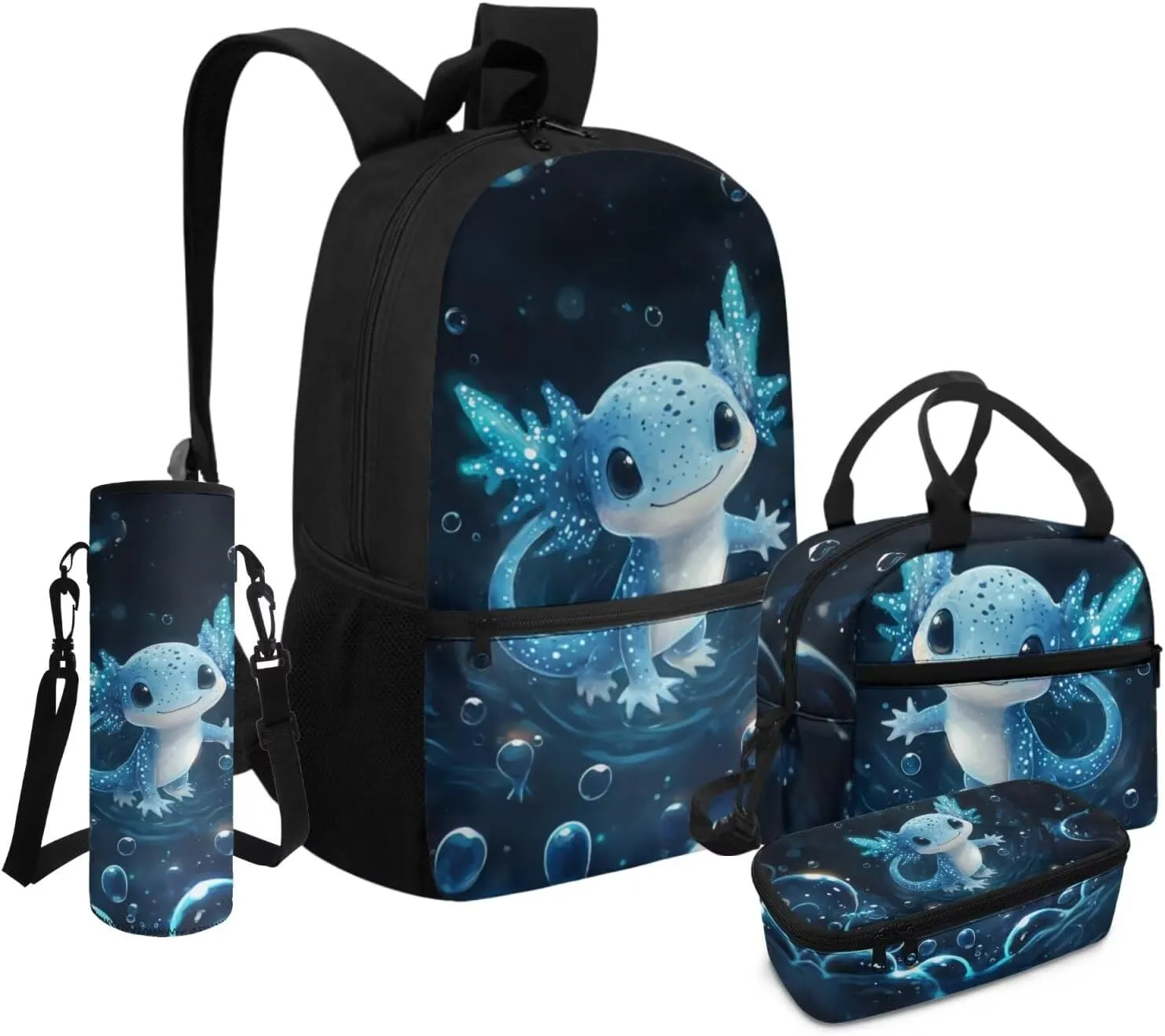 4-in-1 Axolotl Backpack for Girls 8-10 Spacious Elementary School Bag with Lunchbox 3D Print 3rd Grade Book Bag Water Bottle Holder Mochilas Para Niñas