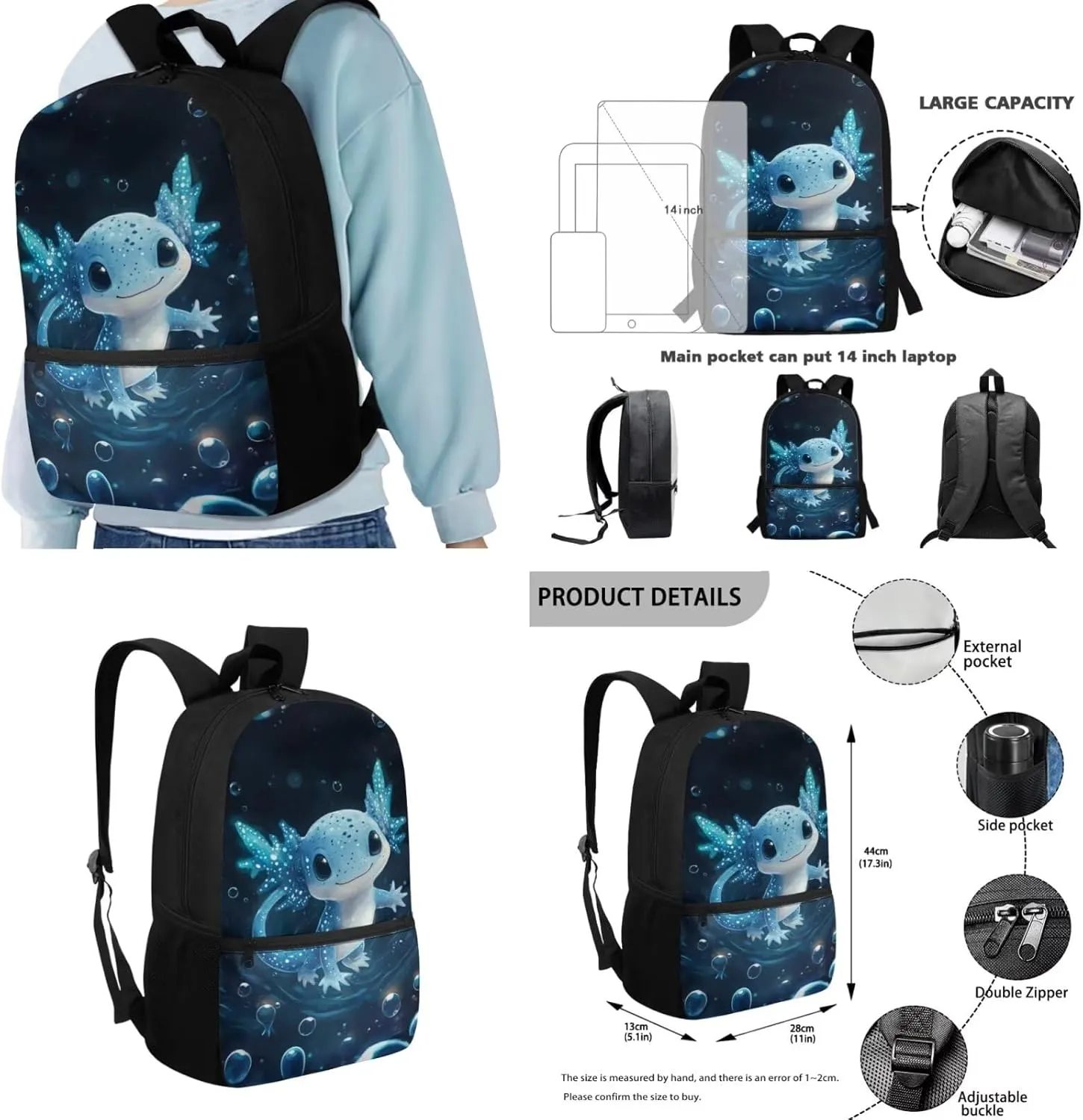 4-in-1 Axolotl Backpack for Girls 8-10 Spacious Elementary School Bag with Lunchbox 3D Print 3rd Grade Book Bag Water Bottle Holder Mochilas Para Niñas