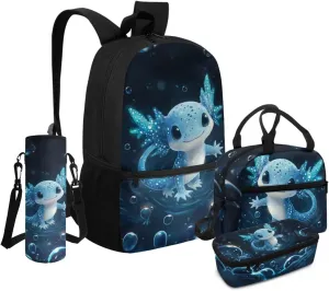 4-in-1 Axolotl Backpack for Girls 8-10 Spacious Elementary School Bag with Lunchbox 3D Print 3rd Grade Book Bag Water Bottle Holder Mochilas Para Niñas