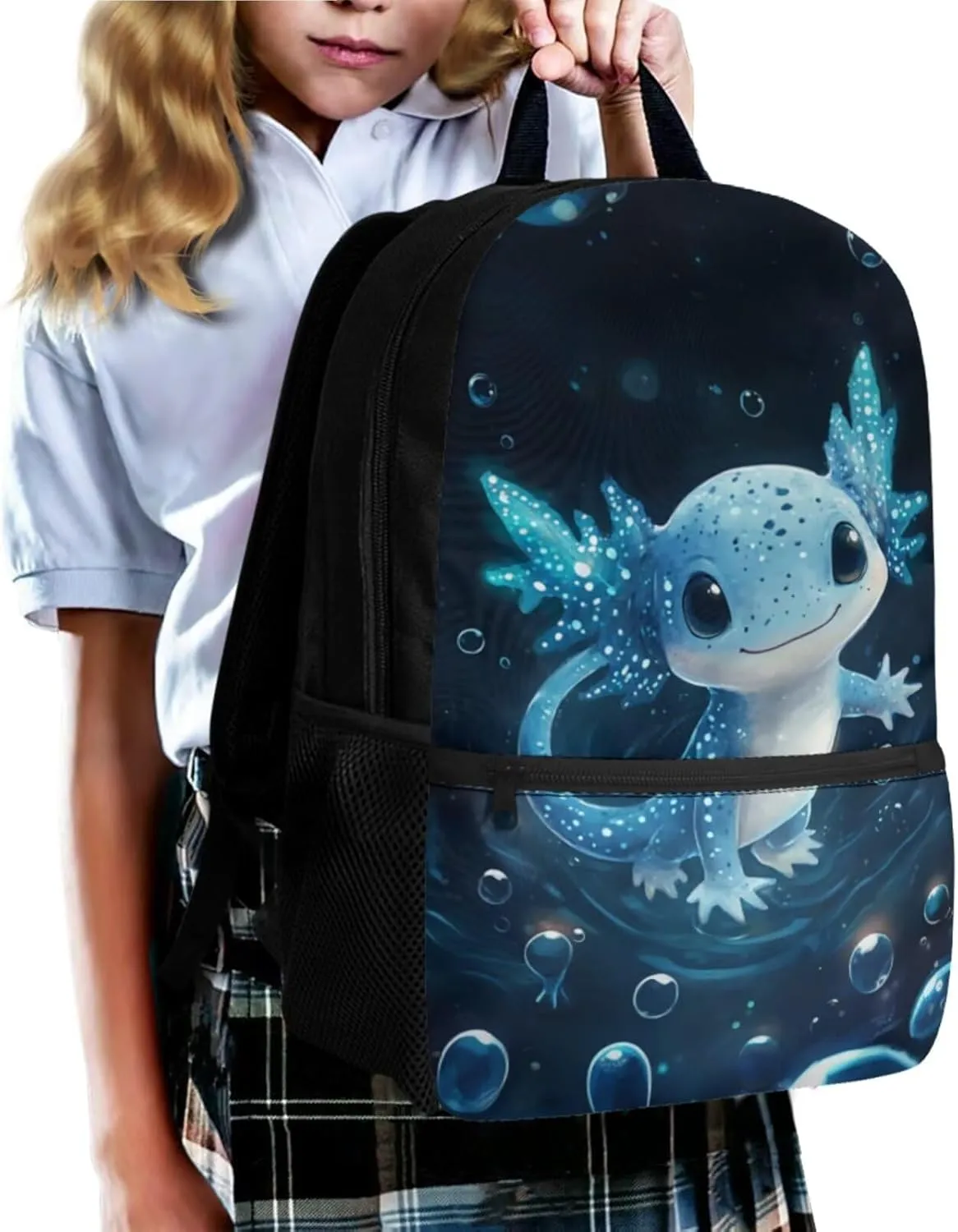 4-in-1 Axolotl Backpack for Girls 8-10 Spacious Elementary School Bag with Lunchbox 3D Print 3rd Grade Book Bag Water Bottle Holder Mochilas Para Niñas