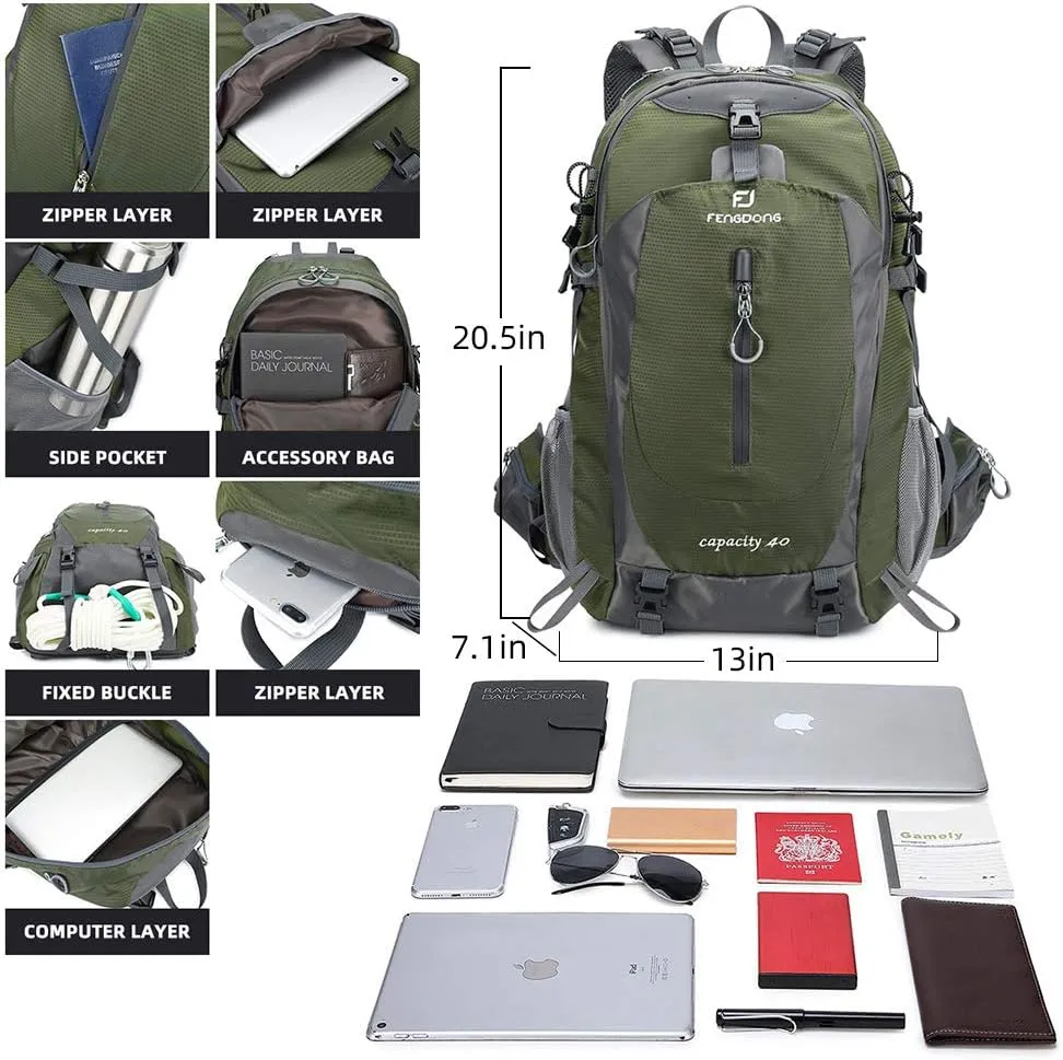 40L Waterproof Lightweight Hiking,Camping,Travel Backpack for Men Women (Green)