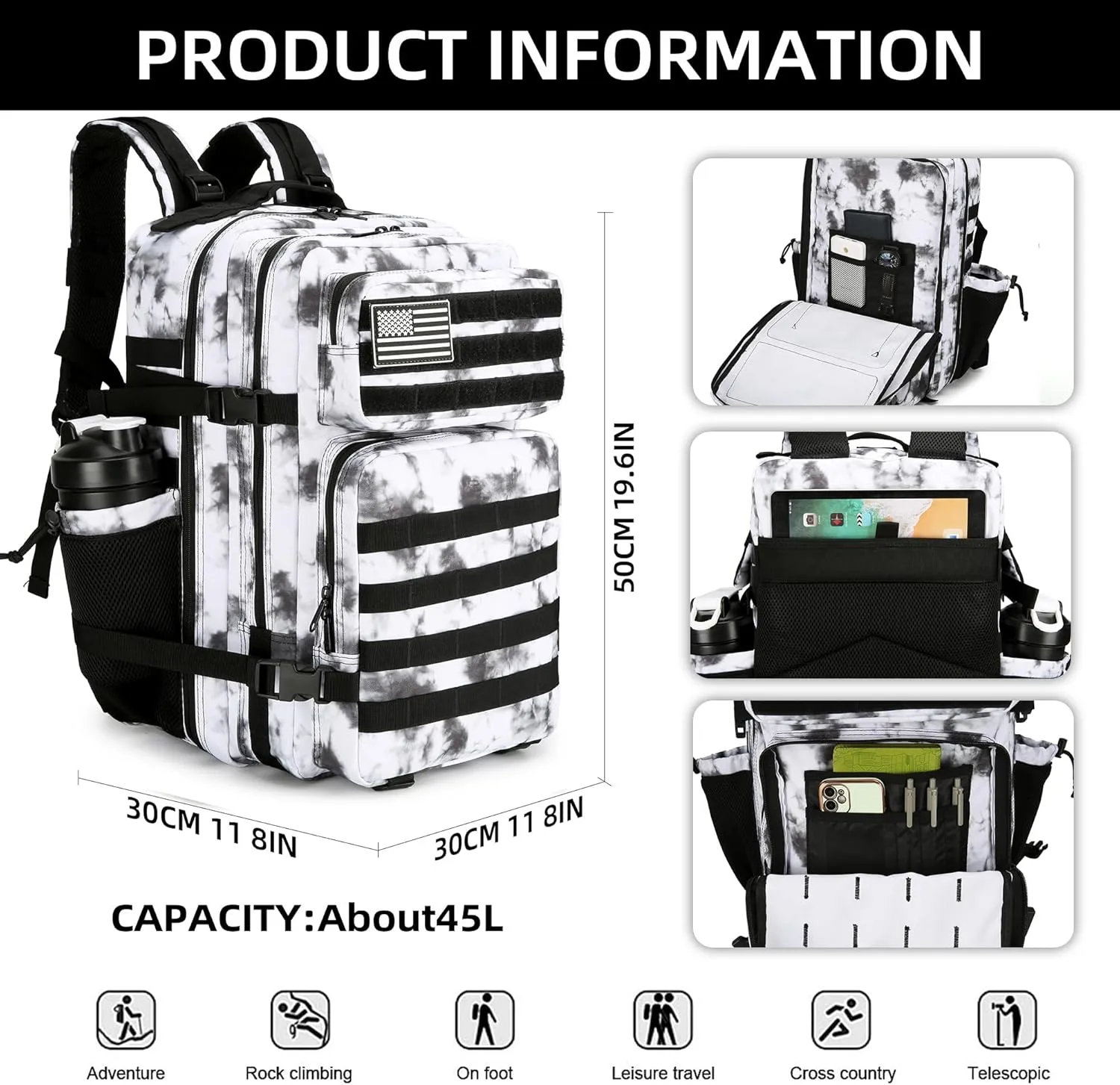 45L Tactical Assault Backpack 3 day assault pack with Molle Waterproof backpack Rucksack for Tactical Backpacks (BlackWhite Camo)
